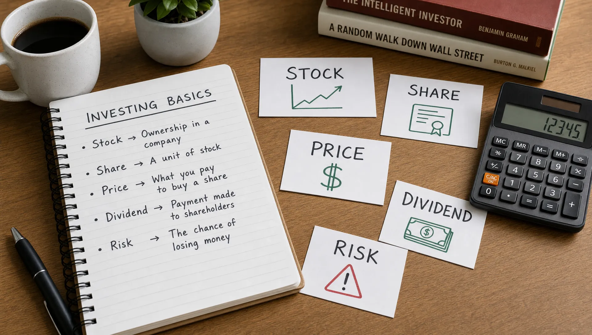 A clean desk scene with a notebook, calculator, and small paper cards labeled stock, share, price, dividend, and risk, arranged to show beginner investing concepts in a clear and approachable way.