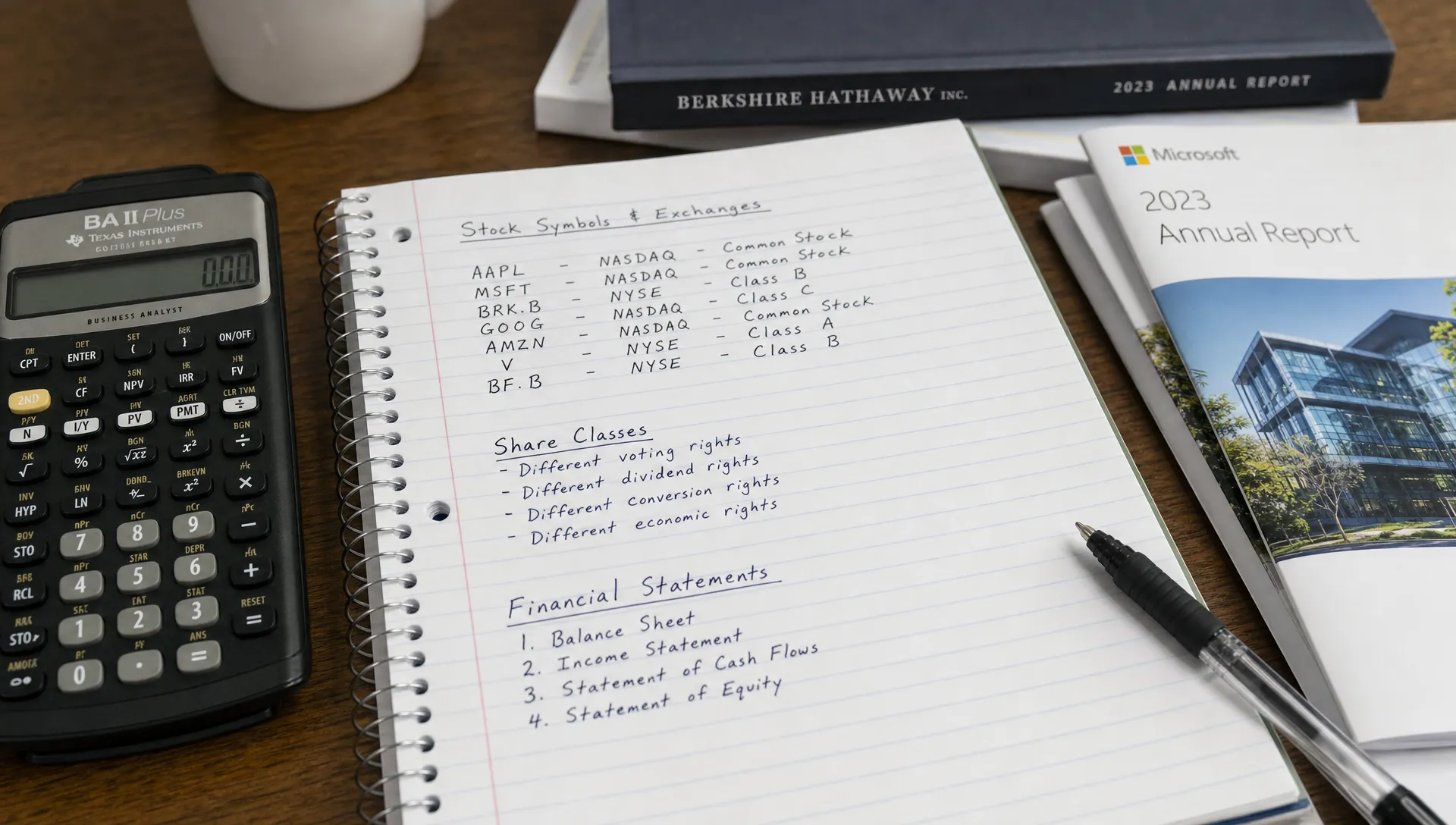 A close-up indoor study desk with a notebook showing several stock symbols, exchange names, share class notes, and financial statement headings, with a calculator and printed annual reports nearby.