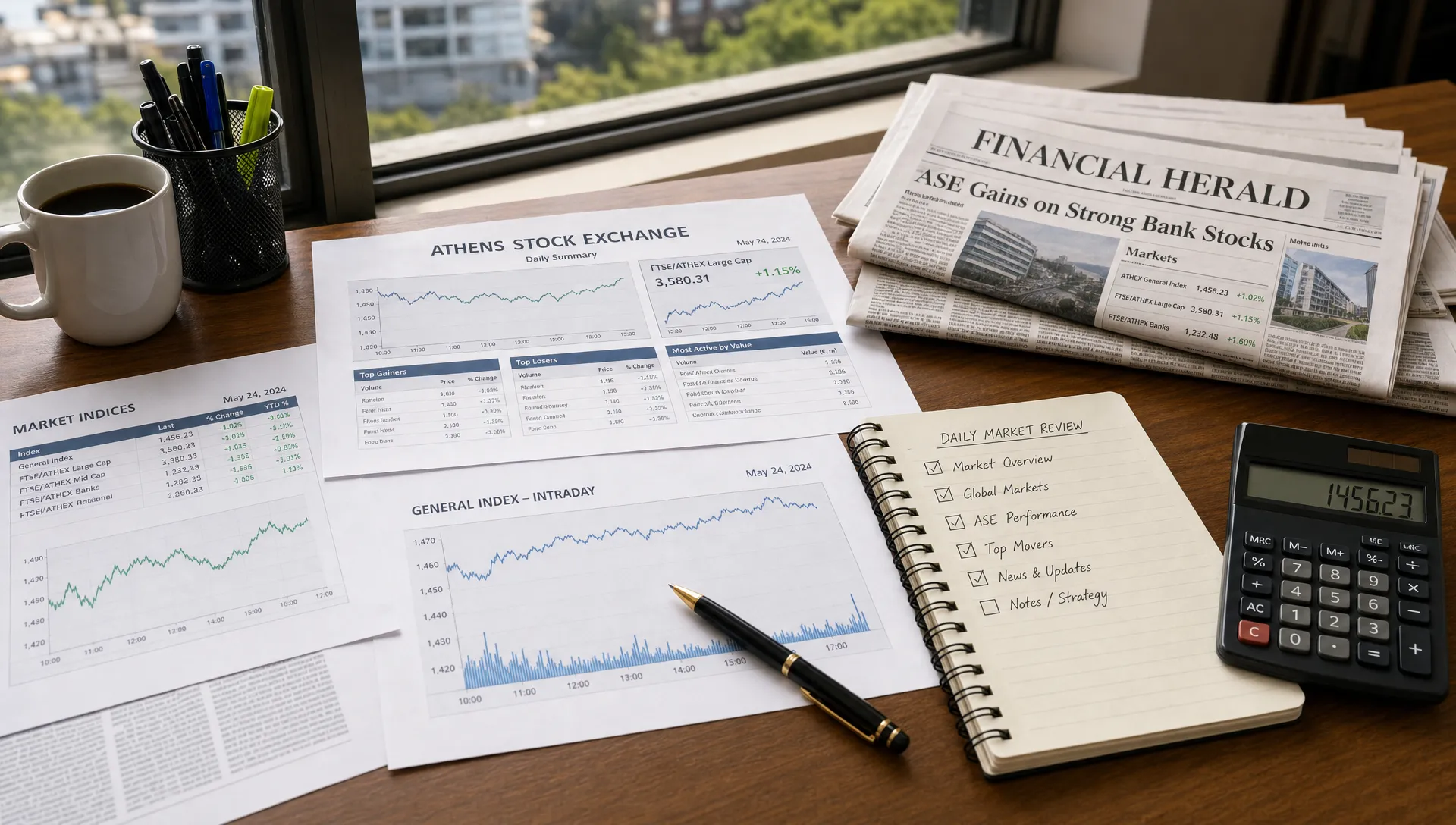 A desk with printed Greek stock market charts, a notebook checklist, a calculator, and financial newspapers, showing daily market data reviewed beside an open window with no computer screen.
