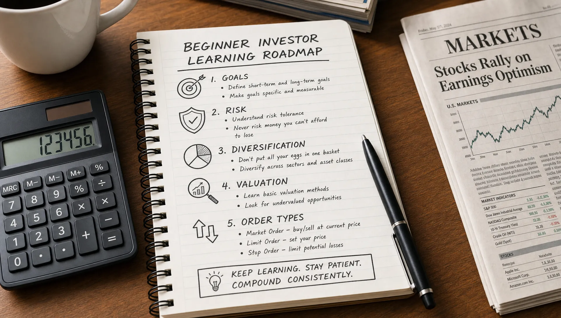 A notebook on a desk showing a beginner investor's learning roadmap with sections for goals, risk, diversification, valuation, and order types, with a calculator and financial newspaper nearby.