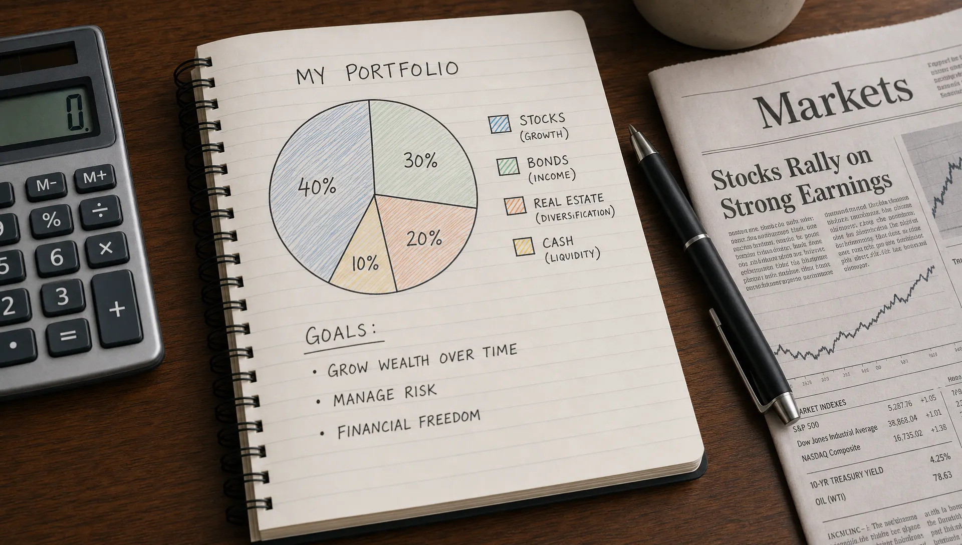 A notebook on a desk shows a simple beginner portfolio sketch with different asset categories, beside a calculator, pen, and financial newspaper.