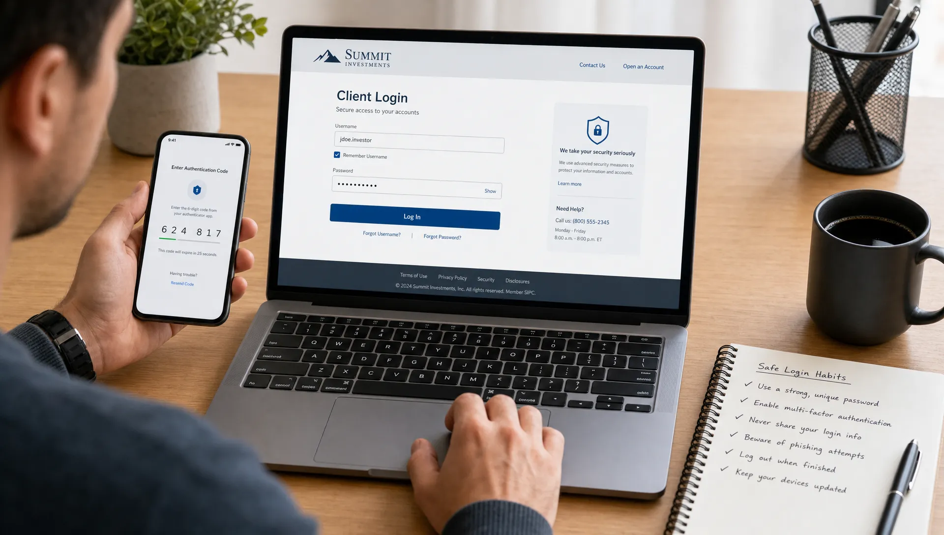 A person checking a brokerage login page on a laptop at a clean desk, with a phone showing a multi-factor authentication prompt and a notebook beside it listing safe login habits.