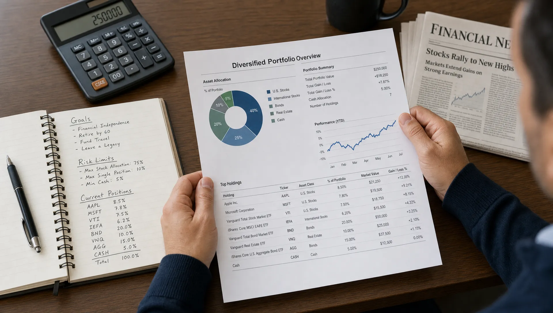A person reviewing a diversified portfolio on paper at a desk, with a notebook showing goals, risk limits, and several share positions beside a calculator and financial newspaper.