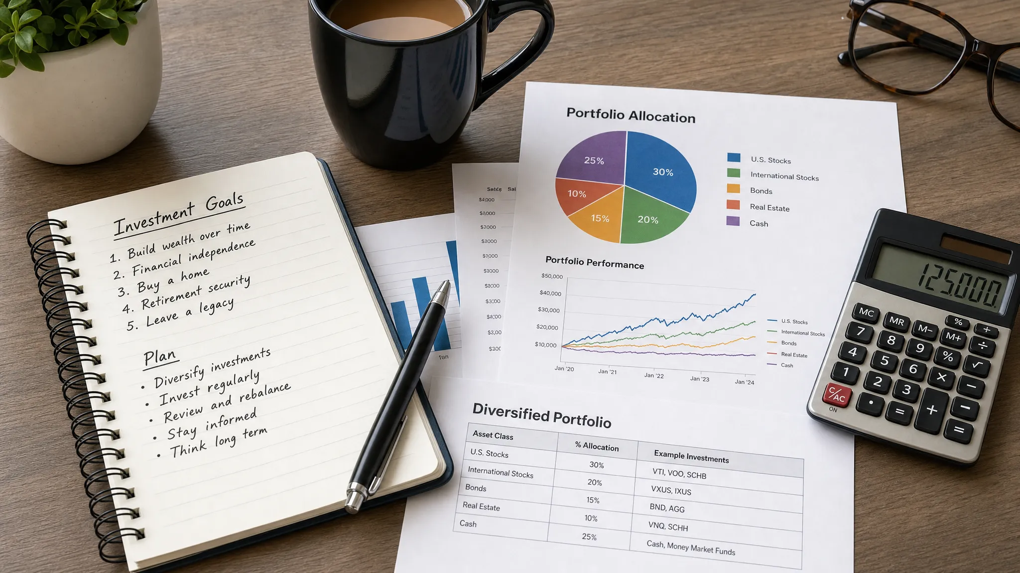 A simple investing workspace with a notebook showing goals, a calculator, a cup of coffee, and printed charts representing diversified stock market planning for a beginner investor.