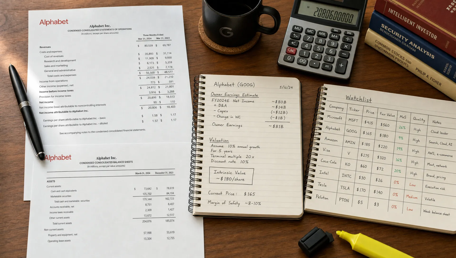 A tidy indoor desk with printed company financial statements, a calculator, handwritten valuation notes, and a watchlist notebook used to compare a stock idea against risk and return criteria.