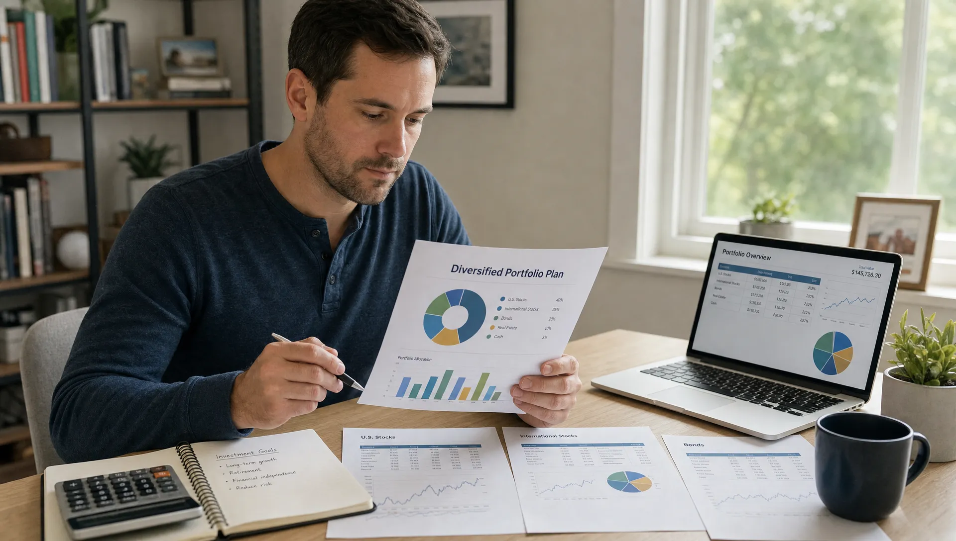 An individual investor sitting at a clean desk with a notebook, calculator, and printed company reports, reviewing a diversified portfolio plan in a calm home office setting.