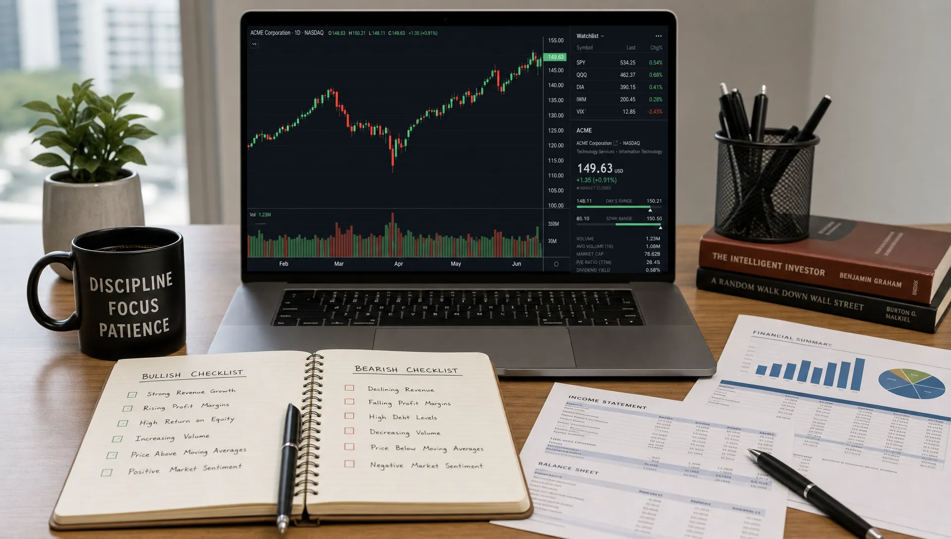 An investor desk with a notebook showing a simple bullish and bearish checklist, a stock chart with green and red candlesticks on a laptop facing forward, and printed financial reports arranged neatly beside it.