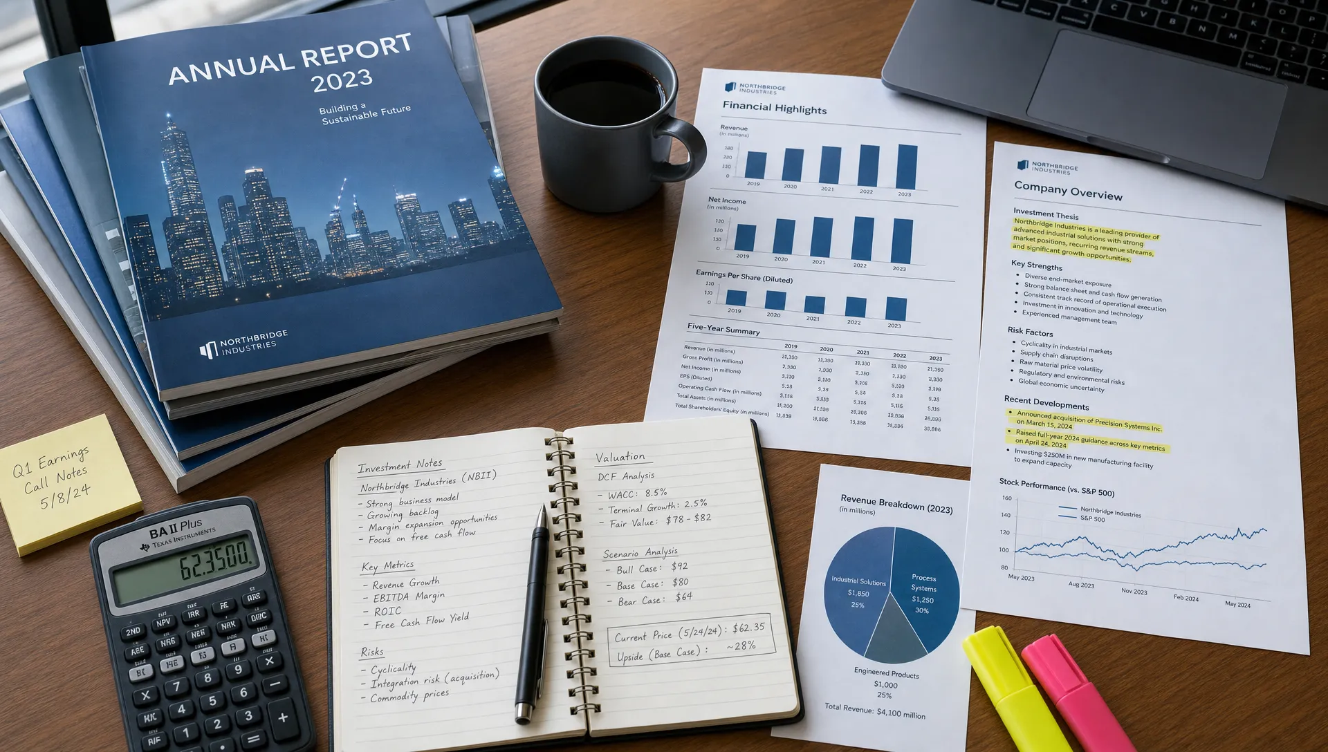 An investor's desk with printed annual reports, financial charts, a notebook, calculator, and highlighted company research pages arranged for stock analysis.