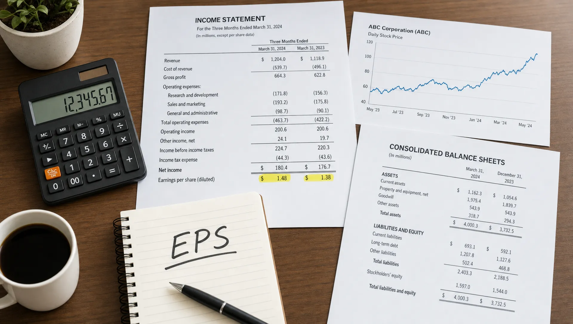 An investor's desk with printed financial statements, a calculator, a notebook labeled EPS, and a simple stock price chart beside highlighted earnings figures, viewed from slightly above on a tidy indoor table.