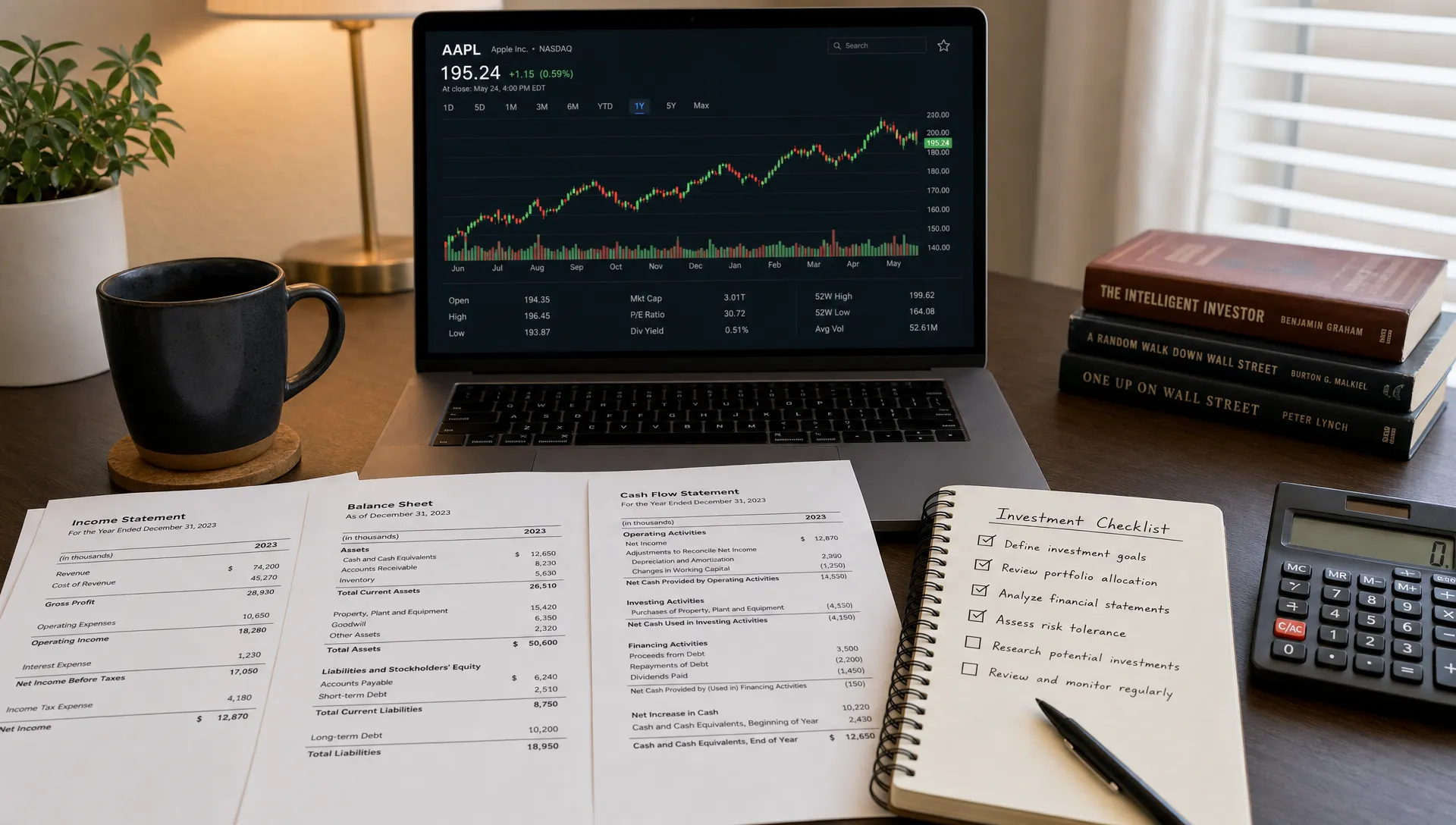 An investor's workspace with printed financial statements, a notebook checklist, a calculator, and a laptop showing a simple stock chart on the screen facing the viewer, arranged on a side desk with the papers in the foreground.