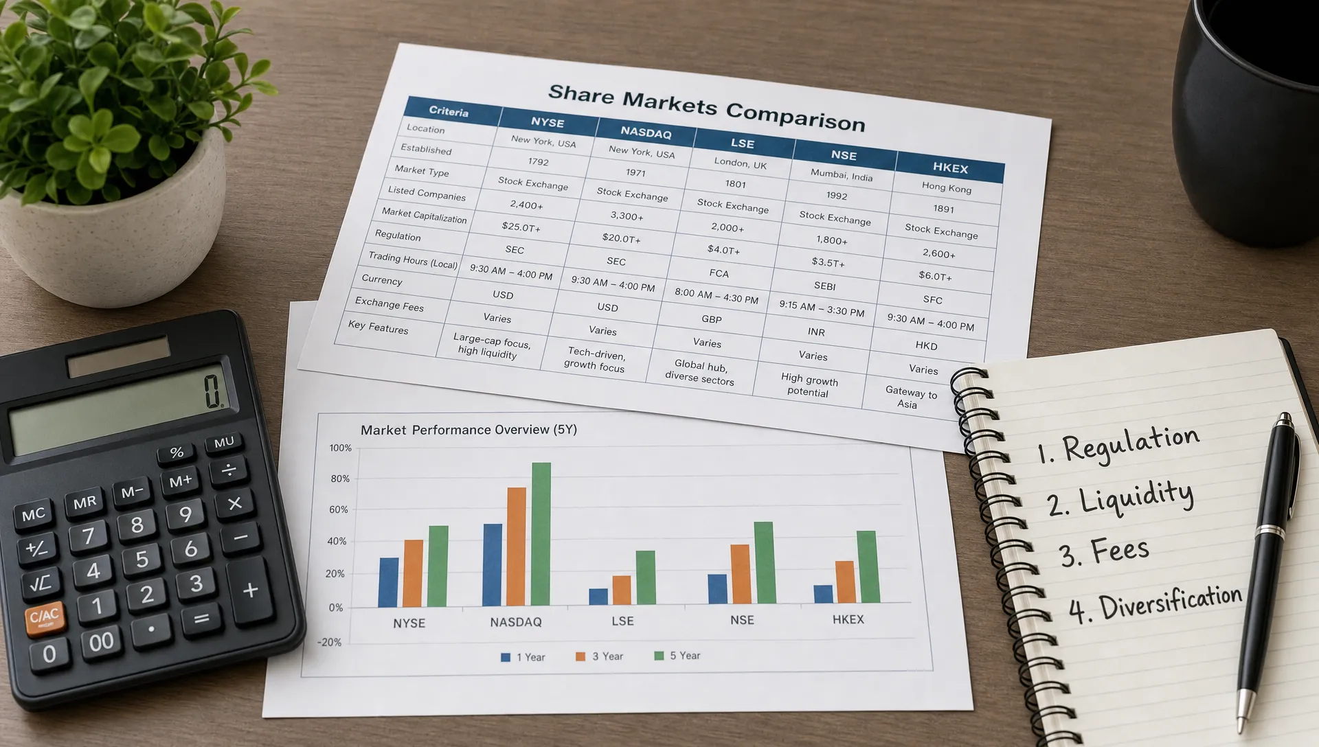 An organized desk with printed comparison sheets for different share markets, a calculator, a notebook with the words regulation, liquidity, fees, and diversification, and a small plant.