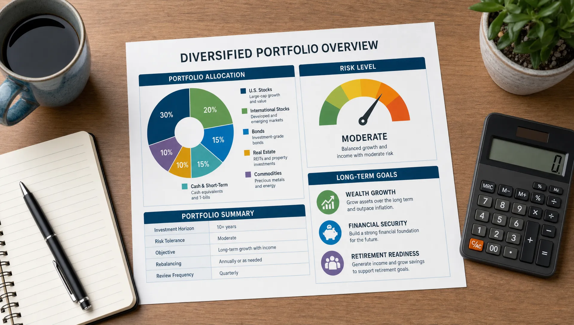 An overhead view of a desk with a diversified portfolio chart showing sectors, risk levels, and long-term goals grouped into clear visual sections, with a notebook and calculator nearby.