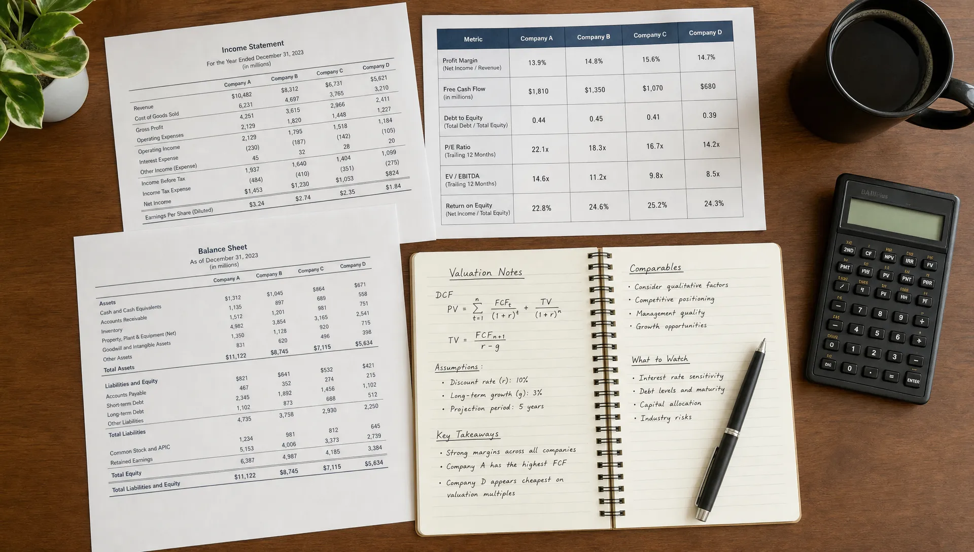 An overhead view of a study desk with printed financial statements, a calculator, a notebook with valuation notes, and a simple comparison chart for profit margin, cash flow, debt, and valuation across several companies.