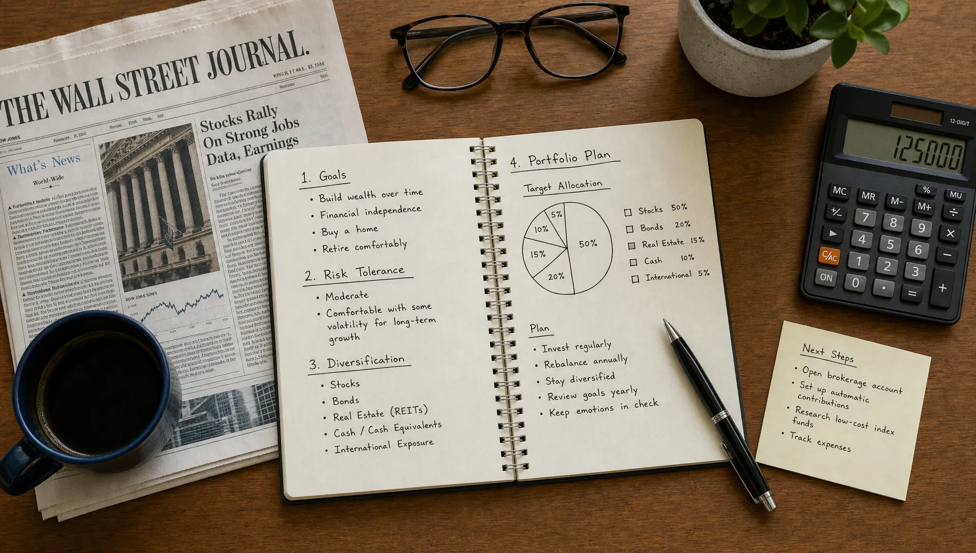 A beginner investor’s desk viewed from above with a notebook showing goals, risk tolerance, diversification, and a simple portfolio plan, with financial newspapers and a calculator nearby.