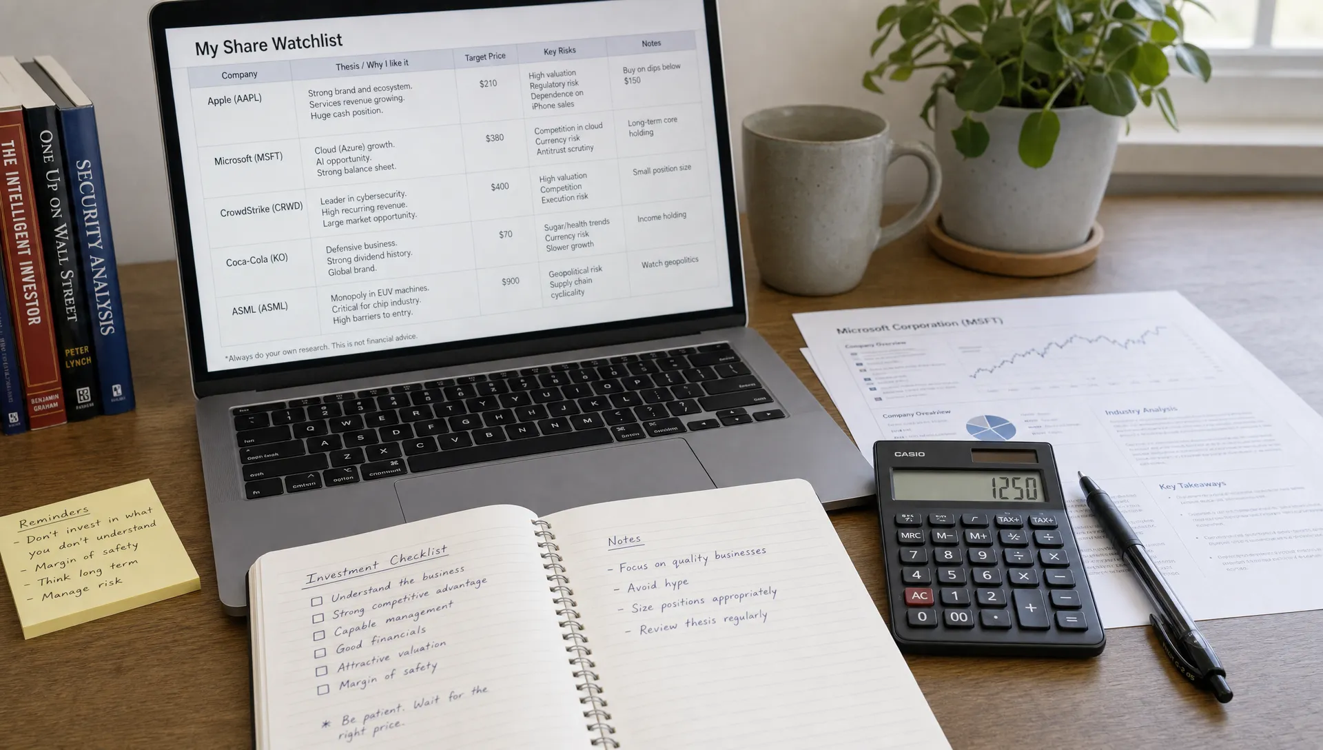 A beginner investor’s desk with a notebook, calculator, and a simple share watchlist showing company names, thesis notes, target prices, and risk reminders, arranged on a quiet home desk with printed research pages nearby.