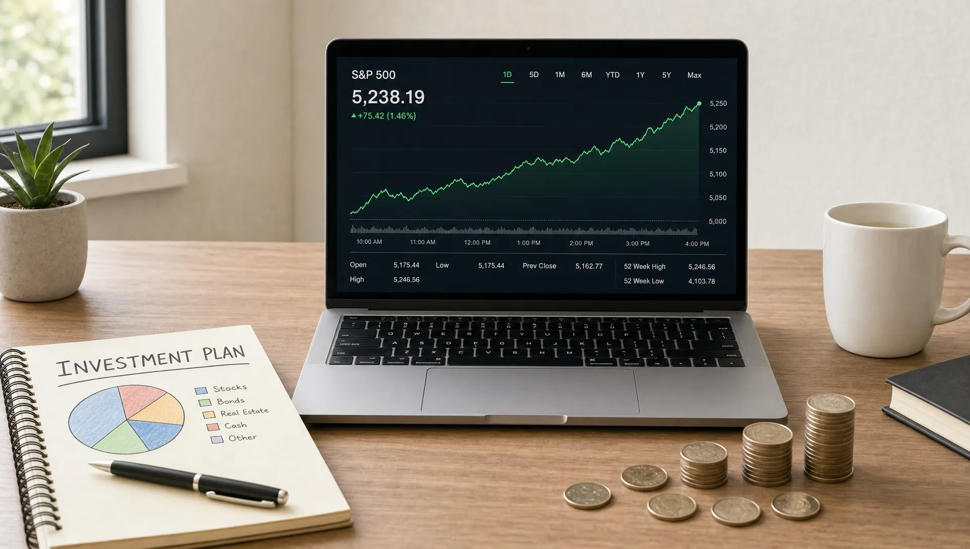 A clean desk with a notebook labeled investment plan, a simple pie chart, and coins beside a laptop with the screen facing the camera showing an upward stock market line.
