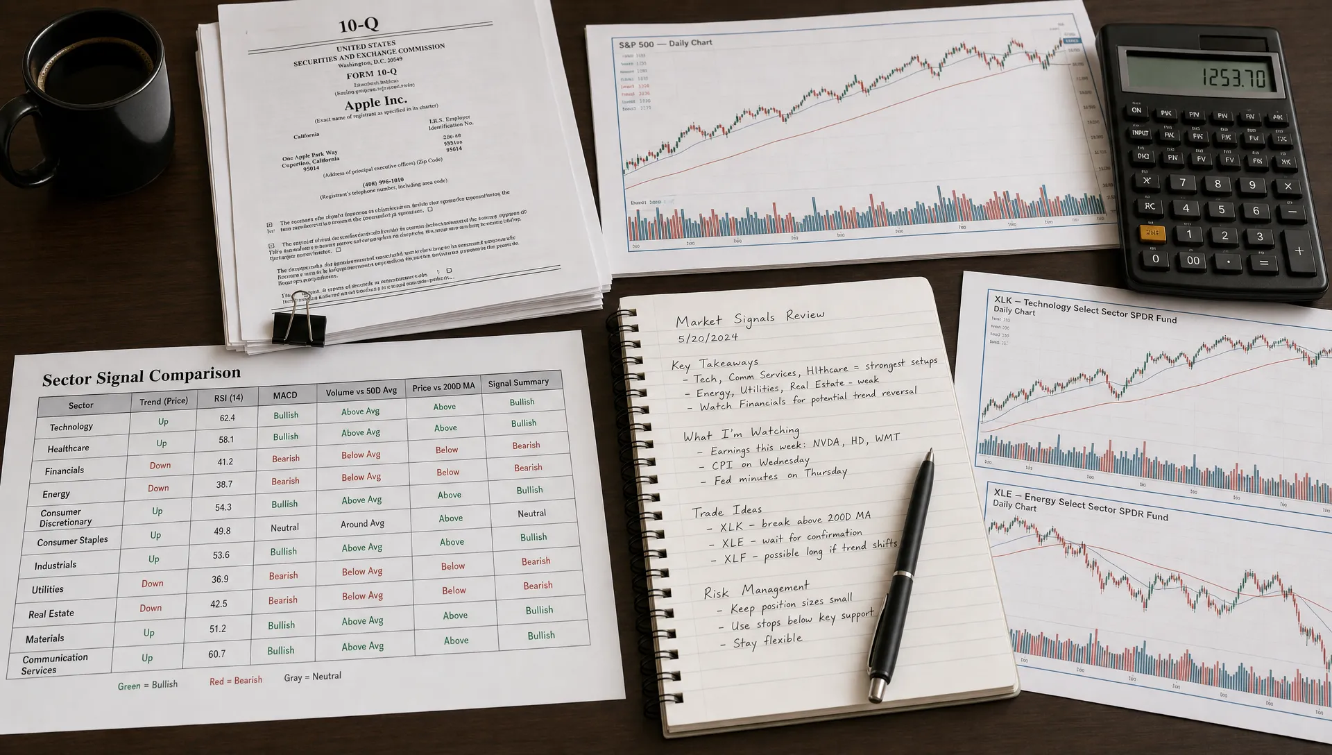 A clean indoor research desk with printed stock charts, volume bars, company filings, a calculator, and handwritten notes comparing stock market signals across several sectors.