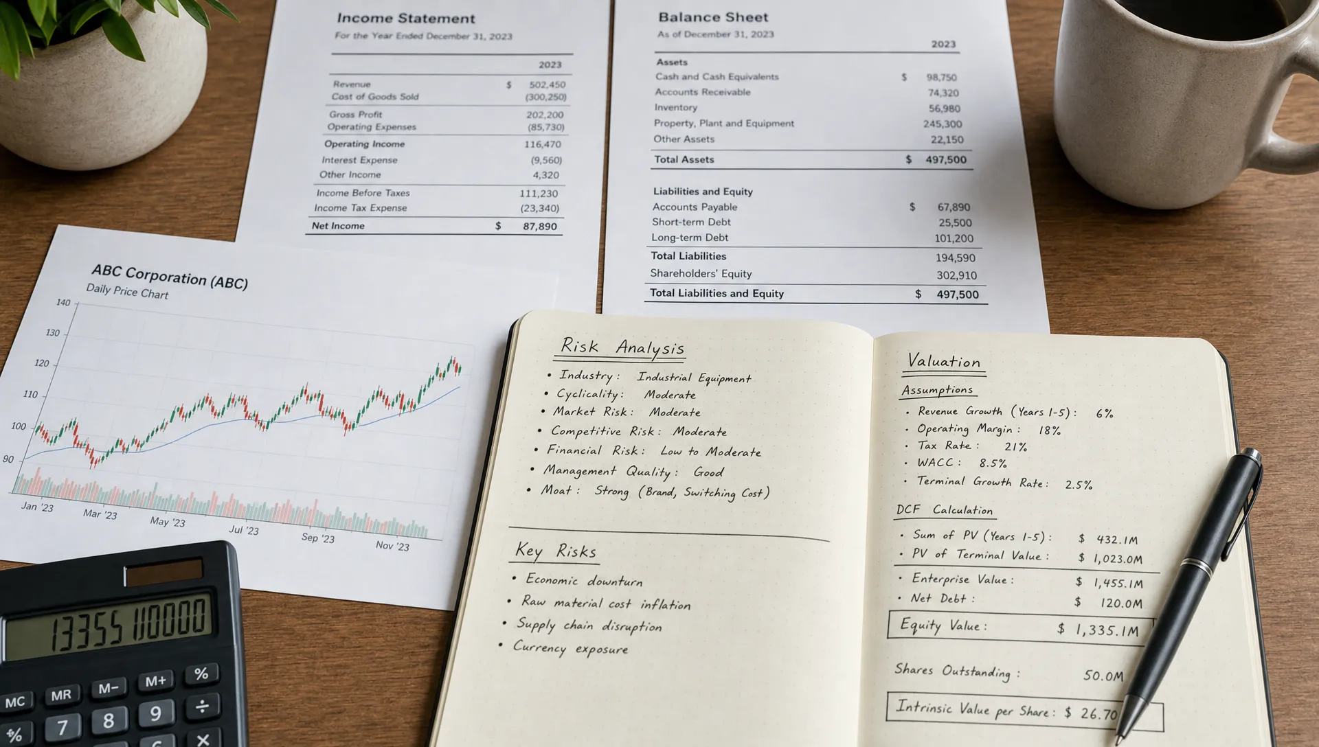 A close-up indoor research desk with printed financial statements, a notebook open to risk and valuation notes, a simple stock chart, and a calculator arranged neatly together, showing a calm review process rather than impulsive trading.