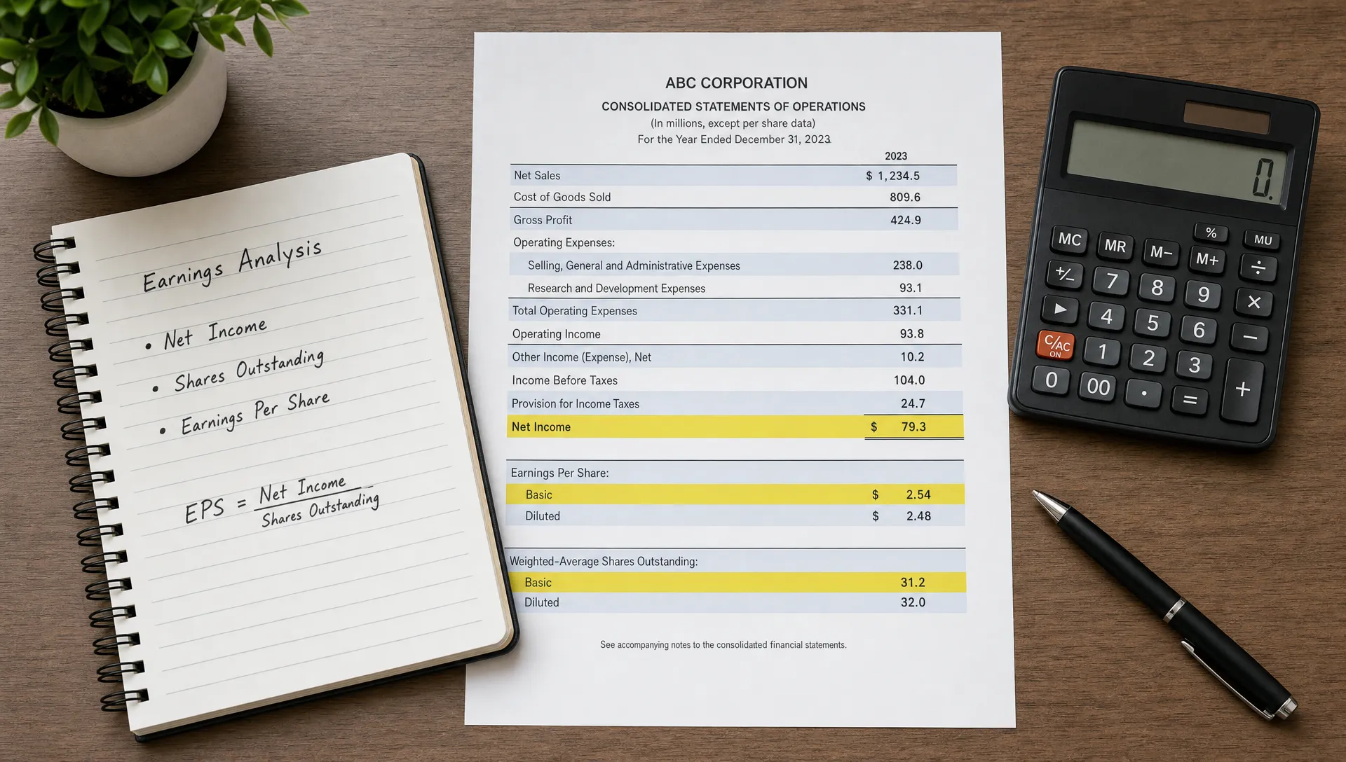 A notebook, calculator, and printed earnings report on a desk, with highlighted rows for net income, shares outstanding, and earnings per share, arranged in a tidy indoor study setup viewed from above.