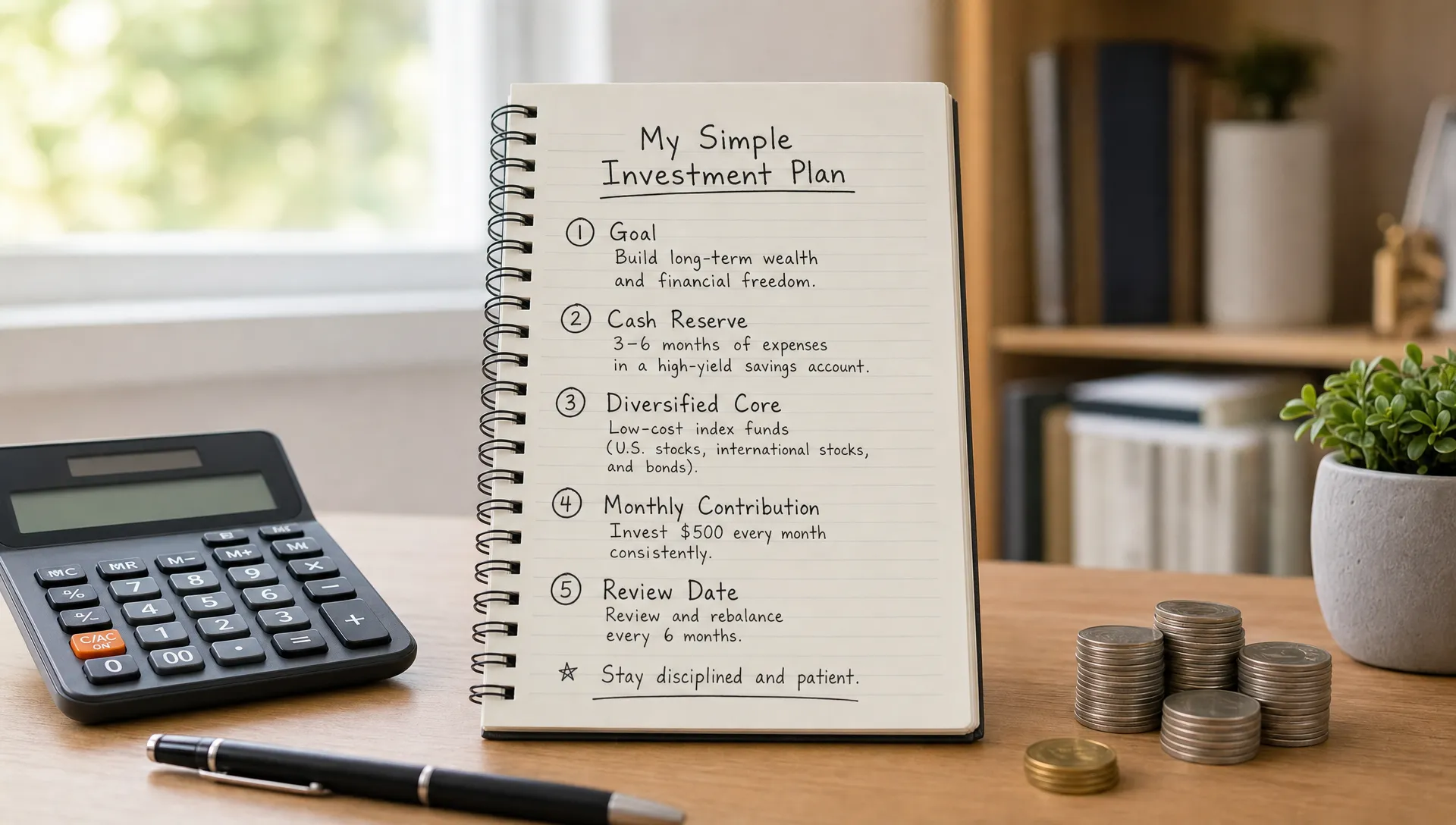 A notebook on a desk showing a simple beginner investment plan with goal, cash reserve, diversified core, monthly contribution, and review date, surrounded by a calculator, pen, and small stacks of coins, in a quiet home-office setting with the notebook as the clear focal element.