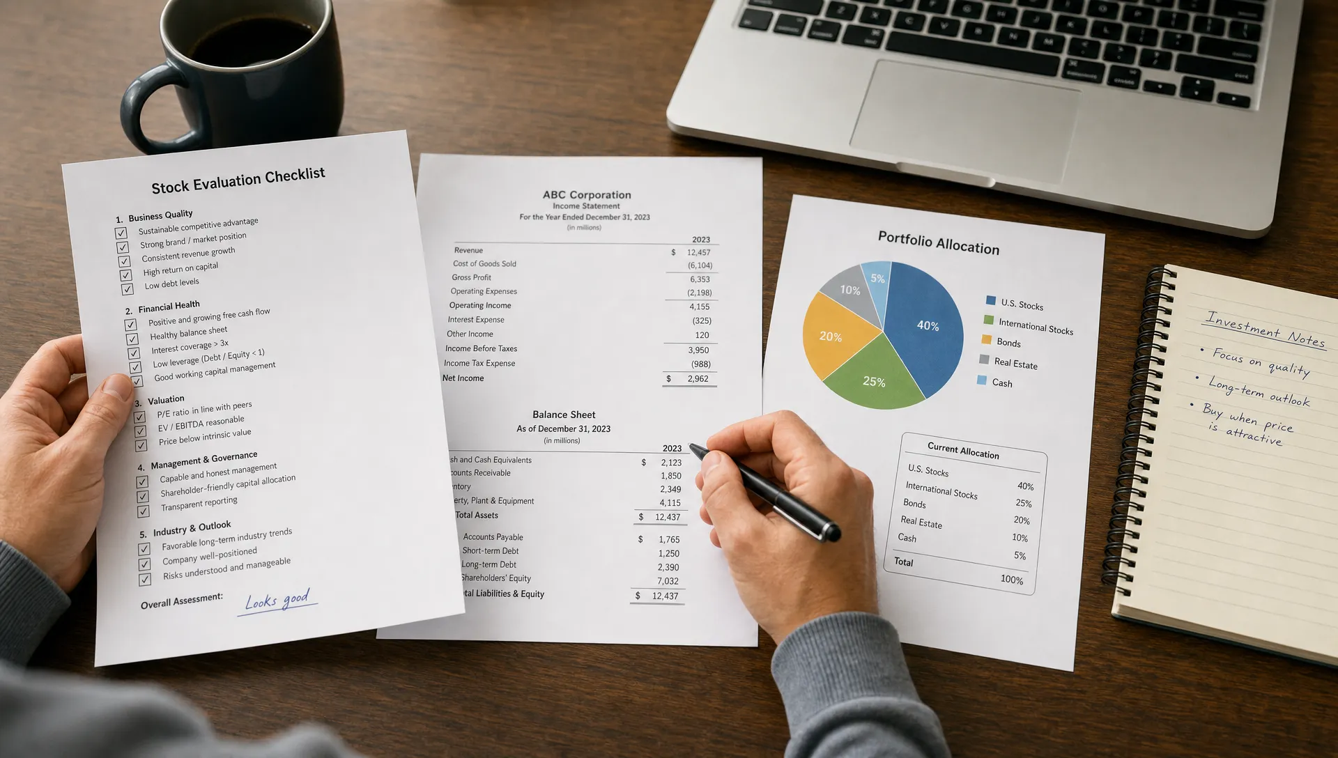 A person reviews a printed checklist, company financial statements, and a simple portfolio allocation chart on a desk before deciding whether to buy a stock.