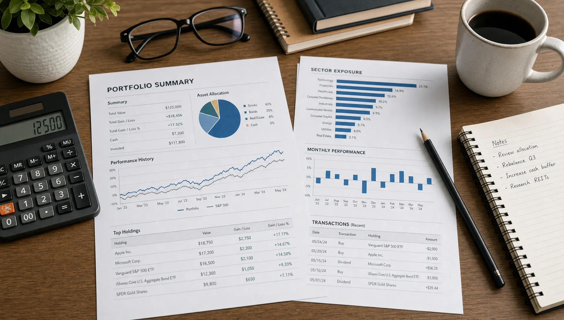 A tidy desk with printed portfolio notes, a calculator, a pencil, and simple financial charts spread out for reviewing recent investments thoughtfully.