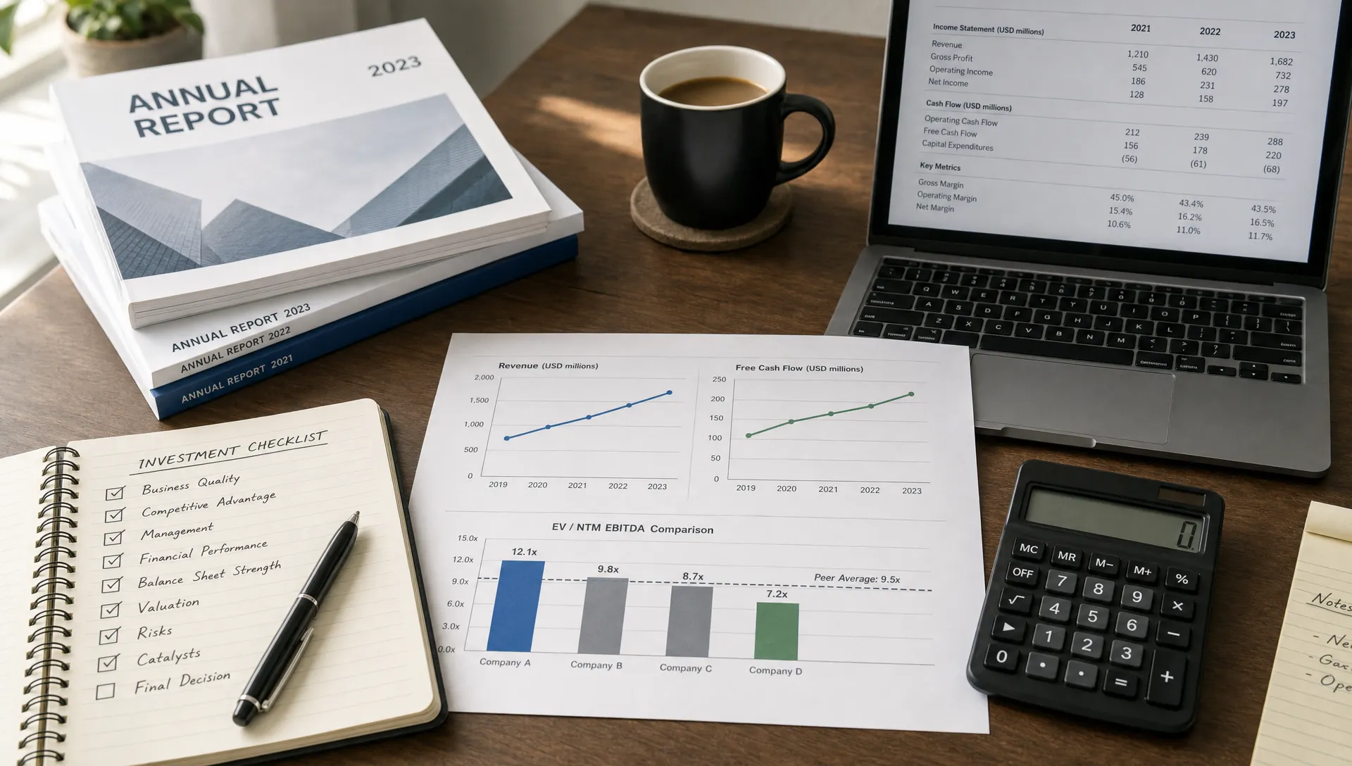 A tidy investment research desk with printed annual reports, a notebook checklist, a calculator, and simple line charts showing revenue, cash flow, and valuation comparisons.