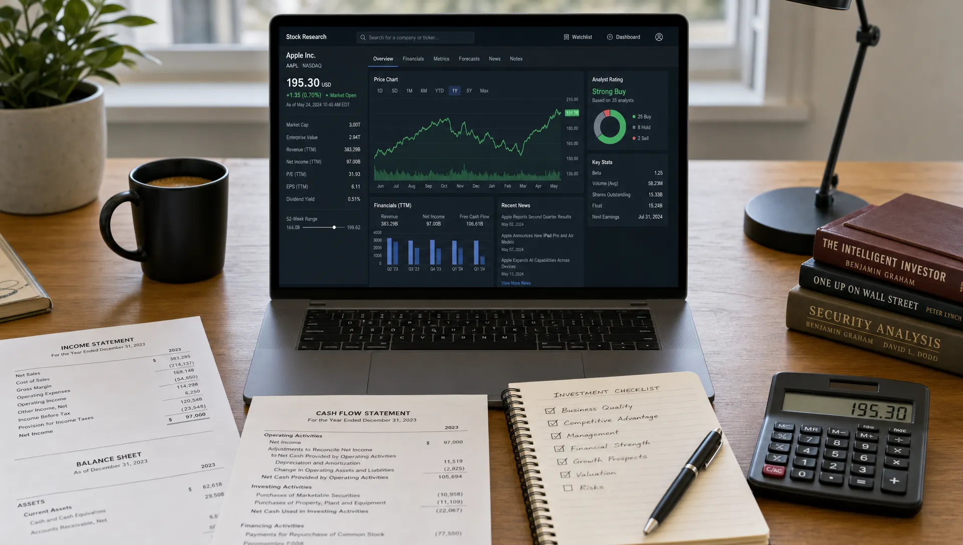 An investor’s desk with printed financial statements, a notebook checklist, a calculator, and a laptop facing the viewer with a stock research dashboard on the screen.
